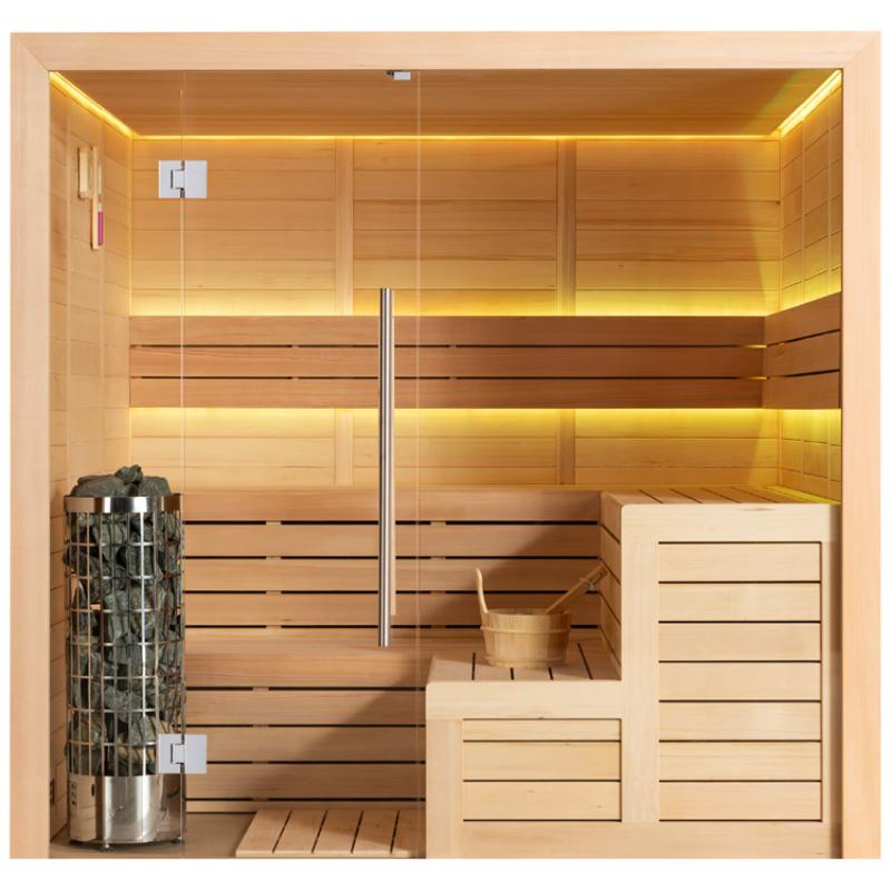 EAGO AWT E1613B Hemlock Sauna mit Glastür, Saunaofen und Holzbänken, warmweißer LED-Beleuchtung in Decke und Rückwand, Hemlock-Holz-Konstruktion