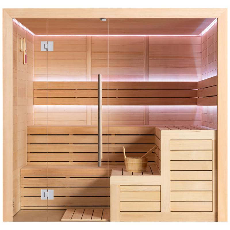 EAGO AWT E1613C Hemlock Sauna mit Glastür, Holzbänken und LED-Beleuchtung, Innenansicht für 3-4 Personen