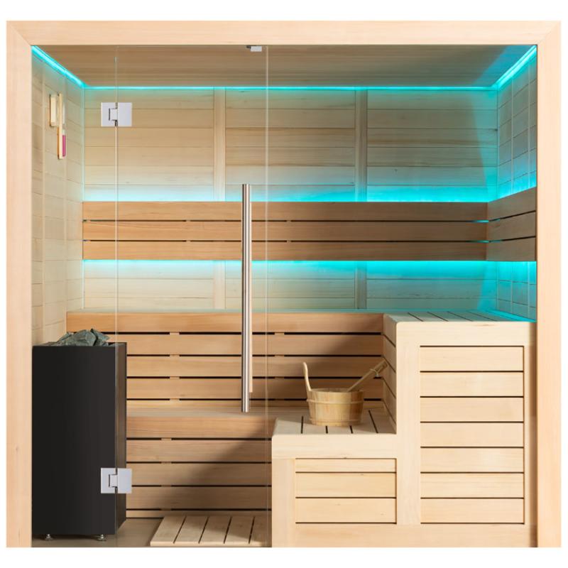 Moderne Sauna mit Holzbänken, Glastür, schwarzem Saunaofen und türkiser LED-Beleuchtung an Decke und Wänden
