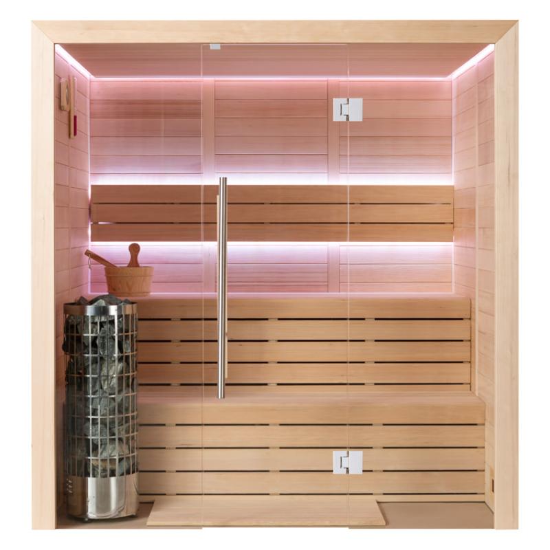 EAGO AWT E1614B Hemlock Sauna mit Glastüren, Holzbänken in mehreren Ebenen, Saunaofen, Holzschöpfer und rosa LED-Beleuchtung