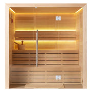 Moderne Hemlock-Sauna mit Glastür, zwei Sitzbänken und warmweißer LED-Beleuchtung, Frontalansicht der EAGO AWT E1614B für 2-4 Personen.
