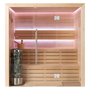 EAGO AWT E1614C Hemlock Sauna mit Glastür, Holzbänken, LED-Beleuchtung und Saunaofen innen, Frontansicht