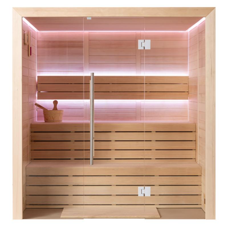 Frontansicht einer modernen Hemlock-Infrarotsauna EAGO AWT E1614C mit Glastür, hölzernen Liegen auf zwei Ebenen und rosafarbener LED-Beleuchtung für 2-4 Personen.