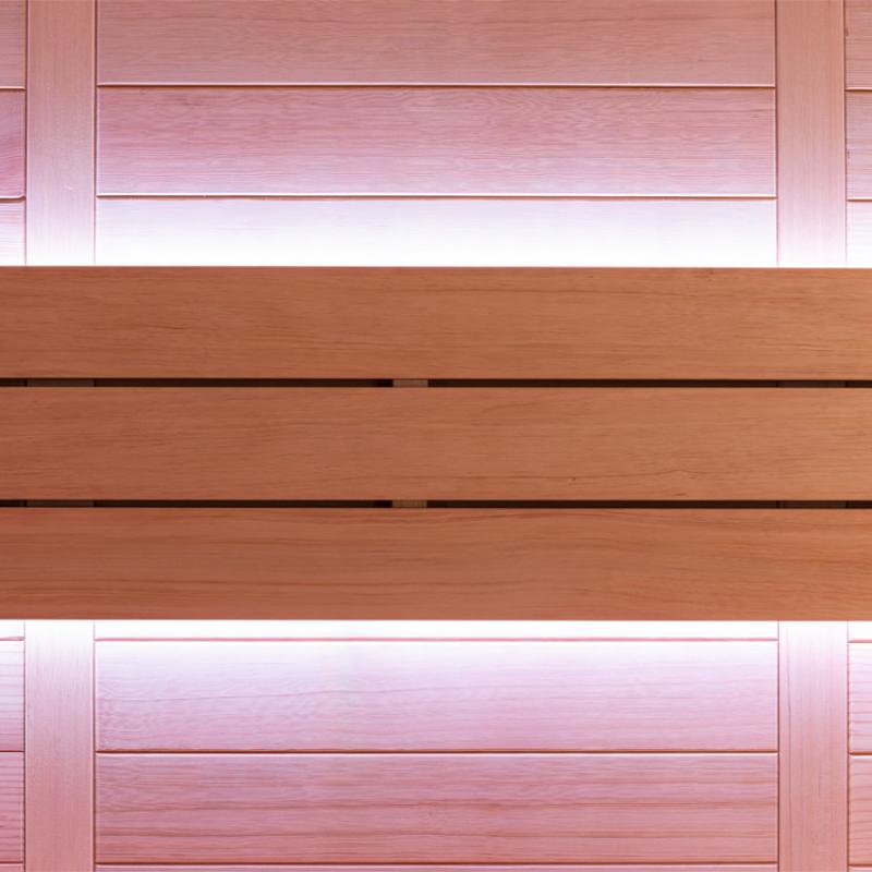 AWT E1614C Hemlock Sauna mit Holzbank aus Hemlock-Holz, rosa-rote Saunawände und schwarze Metallgriffe