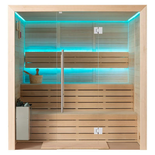 Moderne Sauna EAGO AWT E1614C mit Glastür, Holzbänken und türkiser LED-Beleuchtung, Aussenrahmen aus Hemlock-Holz