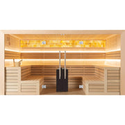 EAGO AWT E1620C Hemlock Sauna mit Glastür, Holzbänken in L-Form und gelber Infrarotheizung an der Decke, Innenansicht für bis zu 7 Personen