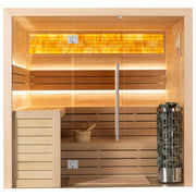 EAGO AWT E1622C Hemlock Sauna mit gelber Infrarotwärmestrahlung, Glastür, Holzbänken, Saunaofen und Zubehör in warmer Holzoptik