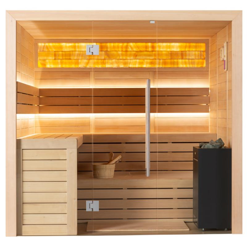 Modische Infrarot-Sauna EAGO AWT E1622C aus Hemlock-Holz mit glaseiner Tür, Infrarotstrahler oben, Holzbänken und schwarzem Saunaofen für 2-4 Personen.