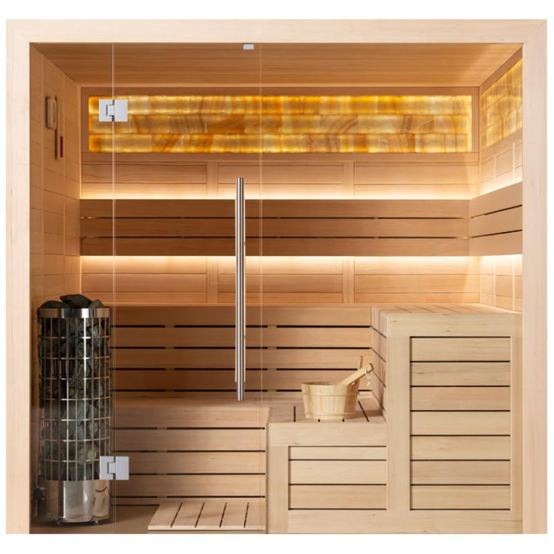 EAGO AWT E1623C Hemlock Sauna mit Holzbänken, Saunaofen und LED-Beleuchtung, Frontalansicht von oben