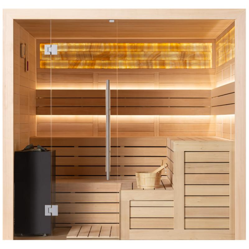 EAGO AWT E1623C Hemlock Sauna 180x180, Innenansicht mit Holzbänken, Infrarotheizung und schwarzem Saunaofen, Glastür mit Metallgriffen