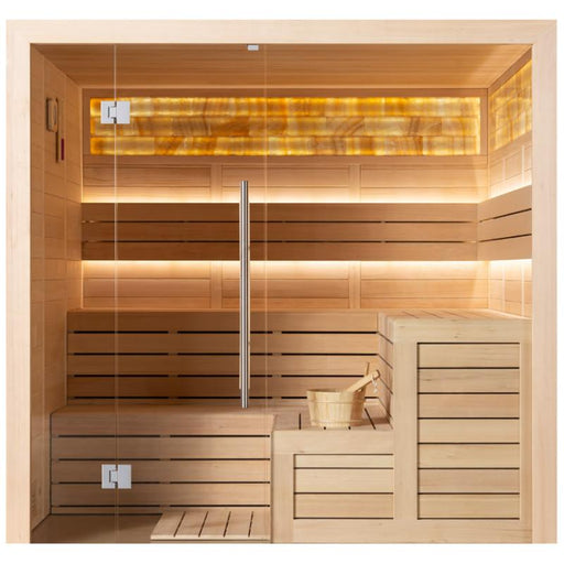EAGO AWT E1623XL Hemlock Sauna mit Holzbänken, Infrarotheizung, Glasfront und LED-Beleuchtung, Innenansicht für 4+ Personen