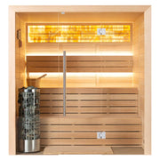EAGO AWT E1624B Hemlock Sauna mit Glasfront, LED-Beleuchtung und Saunaofen, Innenansicht mit Holzbänken