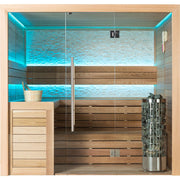 EAGO E1602B Sauna mit Glasfront, integrierter LED-Farblichtbeleuchtung in Blau und moderner Holzverkleidung