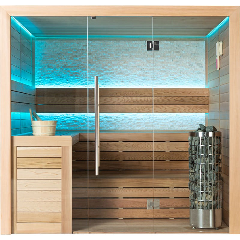 EAGO E1602B Sauna mit Glasfront, integrierter LED-Farblichtbeleuchtung in Blau und moderner Holzverkleidung