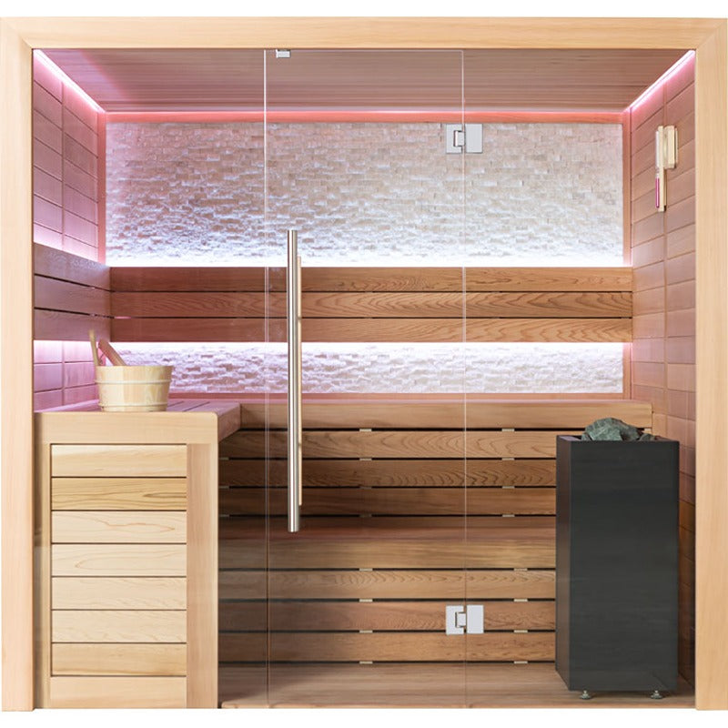EAGO E1602B Sauna mit Glasfront und pinker LED-Farblichtbeleuchtung für entspannende Atmosphäre