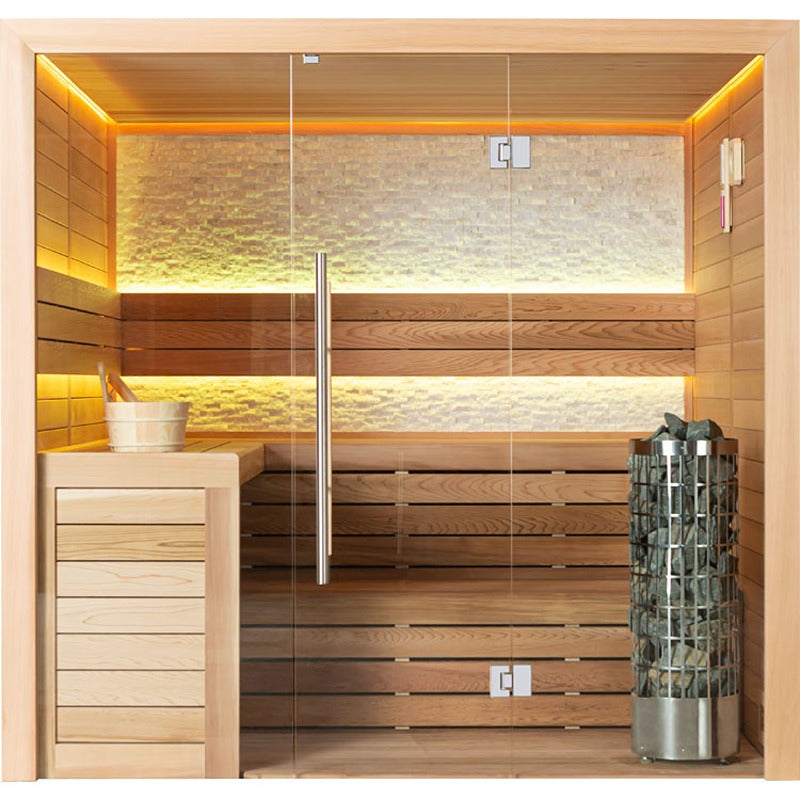 EAGO E1602B Sauna mit Glasfront, warmer amberfarbener LED-Farblichtbeleuchtung, hochwertiger Holzverkleidung und Saunaofen mit Steinkorb