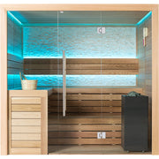 EAGO E1602B Sauna mit Glasfront, blauer LED-Farblichtbeleuchtung, schwarzem Saunaofen und heller Holzverkleidung
