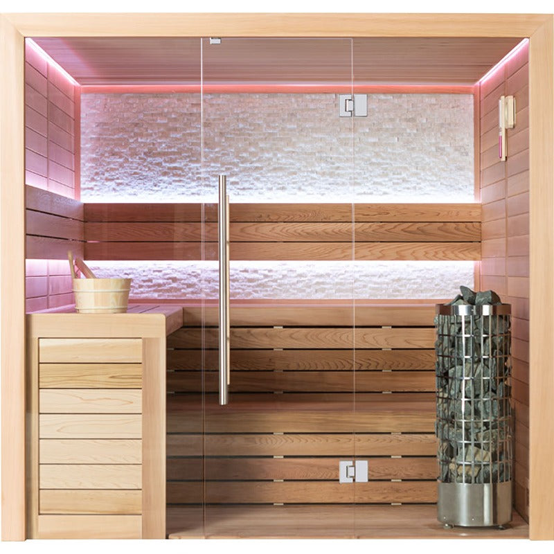 EAGO E1602B Sauna mit schwarzem Saunaofen und Glasfront, stimmungsvolle LED-Beleuchtung