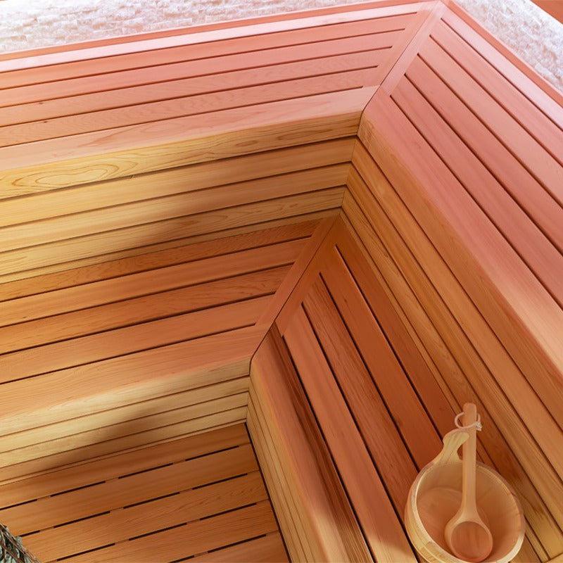 Detail der Eckbank in der EAGO E1603B Sauna mit rosa LED-Beleuchtung