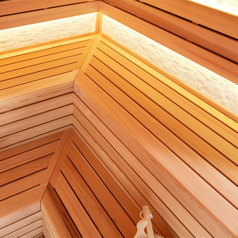 Eckbank der EAGO E1603B Sauna mit warmgelber indirekter Beleuchtung