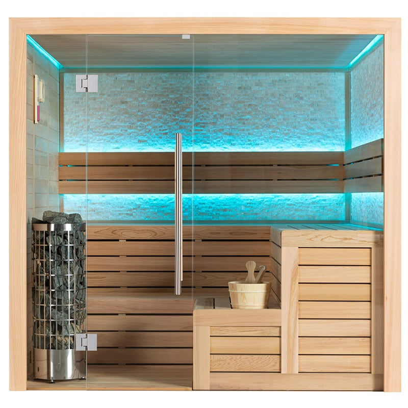 EAGO E1603B Sauna mit blauer LED-Farblichtbeleuchtung und Glasfront