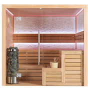 Moderne Infrarotsauna EAGO AWT E1603B aus roter Zeder mit rosa Infrarotlicht, Holzbänken, Glastür und Saunaofen für 4 Personen.
