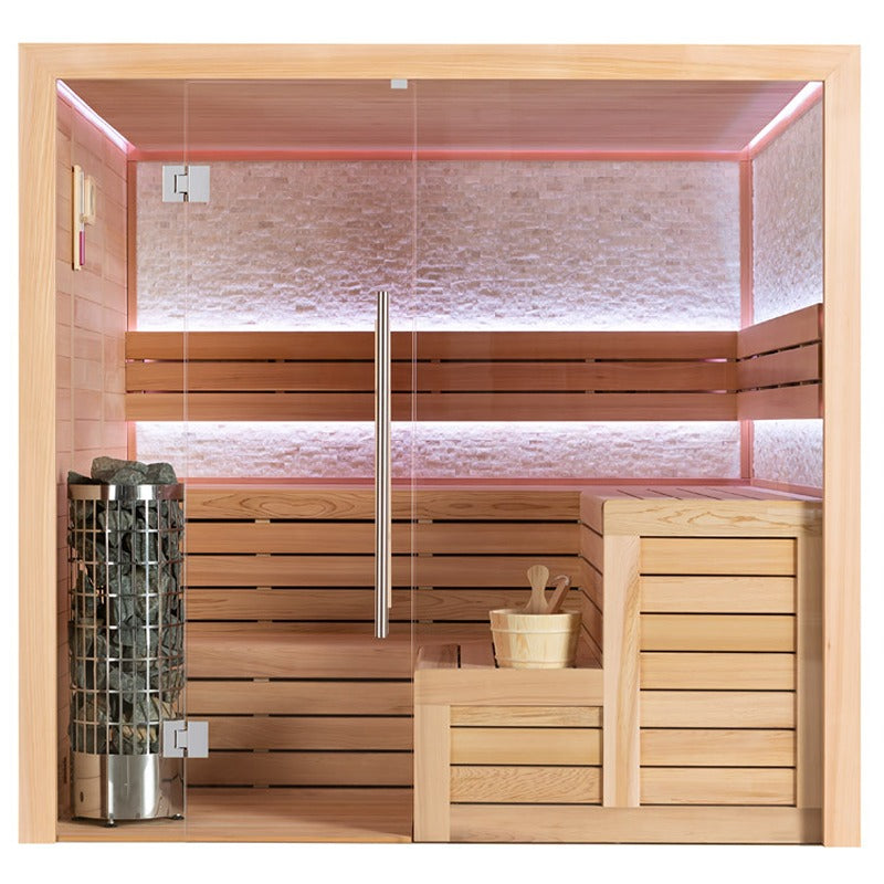 Moderne Infrarotsauna EAGO AWT E1603B aus roter Zeder mit rosa Infrarotlicht, Holzbänken, Glastür und Saunaofen für 4 Personen.
