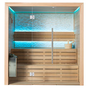 Moderne Infrarotsauna EAGO AWT E1604B aus roter Zeder mit türkiser LED-Beleuchtung, Glastür und Holzbänken für 4 Personen