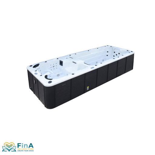 Gesamtansicht des FinA Hydronyx Outdoor Whirlpool – modernes Design mit weißer Acrylwanne und dunkler Außenverkleidung, großzügig dimensioniert für bis zu sechs Personen.
