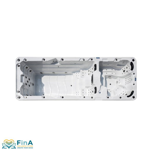 Komplettansicht des FinA Hydronyx Whirlpools von oben – durchdachte Raumaufteilung mit großzügigem Schwimmbereich, Sitzen und Liegefläche für intensive Wasseranwendungen.