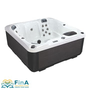 Whirlpool FinA Lumari für 6 Personen mit weißem Innenbecken, schwarzem Außengehäuse und mehreren Massage-Düsen an den Seitenwänden und Rückenlehnen