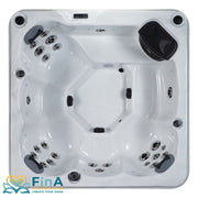 FinA Wellness FinA Nuvana Outdoor Whirlpool von oben, weiße Acrylwanne mit mehreren Massagedüsen und Sitzplätzen für 7 Personen
