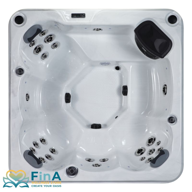 FinA Wellness FinA Nuvana Outdoor Whirlpool von oben, weiße Acrylwanne mit mehreren Massagedüsen und Sitzplätzen für 7 Personen