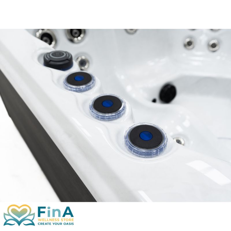 Detailansicht des FinA Calessia Whirlpools mit beleuchteten Bedienknöpfen, Düsen und Steuerungselementen am Wannenrand
