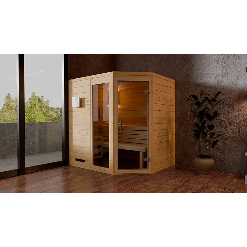FinA Wellness Frieda Ecksauna aus Massivholz mit raumsparendem Design in modernem Wohnraum