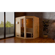 FinA Wellness Frieda Ecksauna aus Massivholz mit raumsparendem Eckdesign in modernem Wohnraum