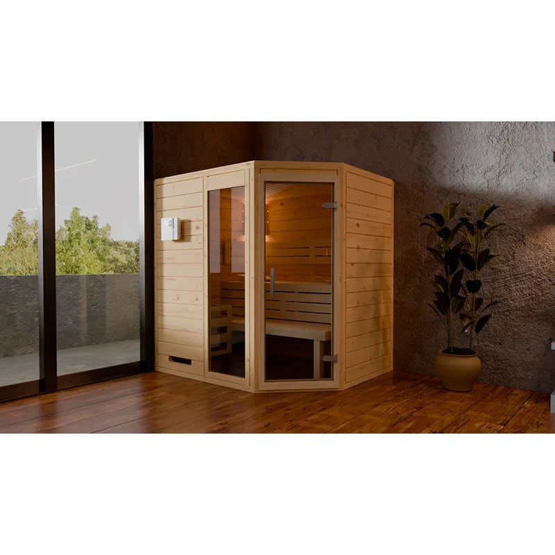FinA Wellness Frieda Ecksauna aus Massivholz mit raumsparendem Eckdesign in modernem Wohnraum