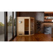 FinA Wellness Frieda Ecksauna aus Massivholz in modernem Wohnraum mit raumspare ndem Eckdesign