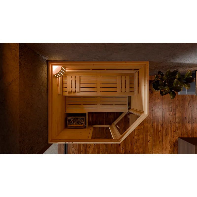 FinA Wellness Frieda Ecksauna Massivholz mit raumsparendem Eckdesign, Draufsicht auf Holzsauna mit Ofen