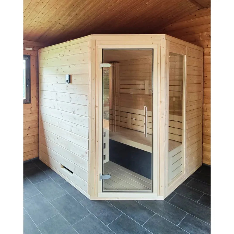 FinA Wellness Frieda Ecksauna aus Massivholz mit raumsparendem Eckdesign in modernem Wohnraum