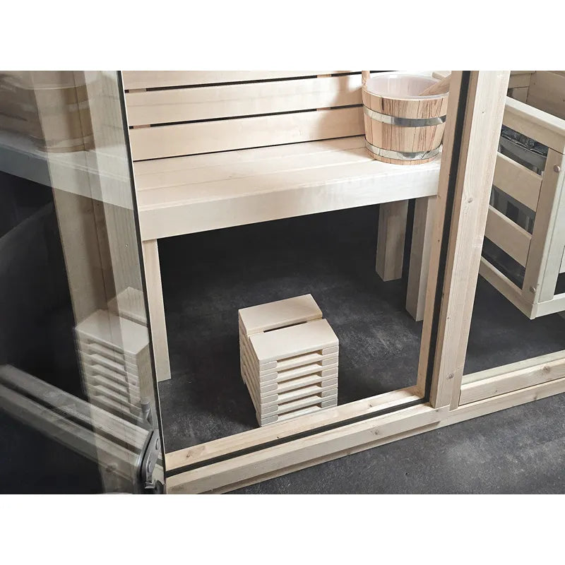 FinA Wellness Frieda Ecksauna Massivholz mit raumsparendem Design, Innenraum mit Holzbänken und Zubehör
