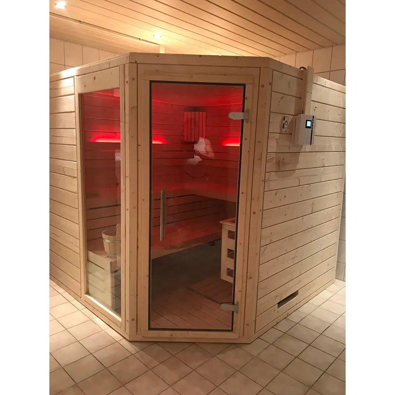 FinA Wellness Frieda Ecksauna aus Massivholz mit Infrarotlicht, modernes Raumsparendes Design in Einbauposition