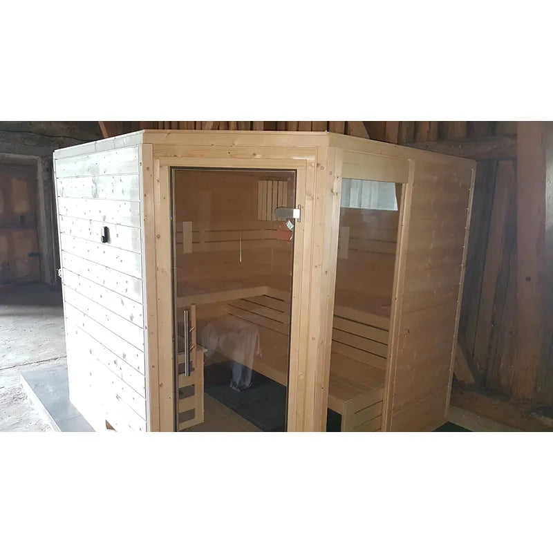 FinA Wellness Frieda Ecksauna aus Massivholz mit raumsparendem Design, Glastür und Holzbänken