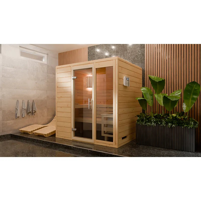 FinA Wellness Frieda Innensauna Massivholzsauna mit eleganter Glasfront in modernem Badezimmer