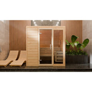 FinA Wellness Frieda Innensauna Massivholzsauna mit eleganter Glasfront in modernem Wellness-Raum