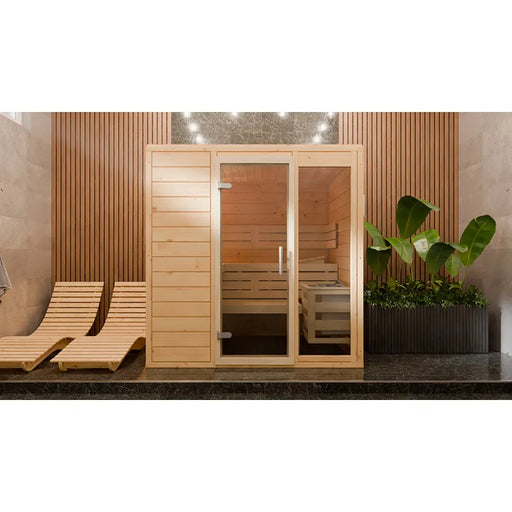 FinA Wellness Frieda Innensauna Massivholzsauna mit eleganter Glasfront in modernem Wellness-Raum
