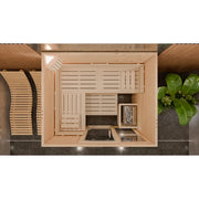 FinA Wellness Frieda Innensauna Massivholzsauna Draufsicht mit Holzausstattung und schwarzen Elementen