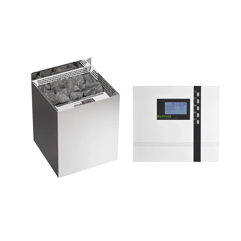 FinA Wellness Frieda Lux Glasfront Innensauna mit Saunaofen und digitaler Steuereinheit