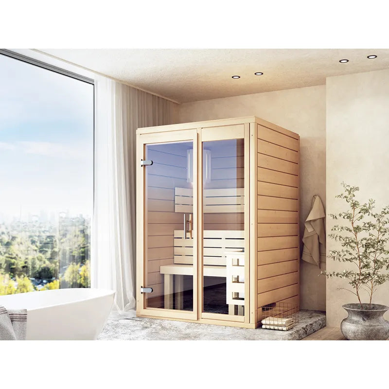 FinA Wellness Frieda Mini Sauna aus Holz in modernem Badezimmer mit Panoramafenster