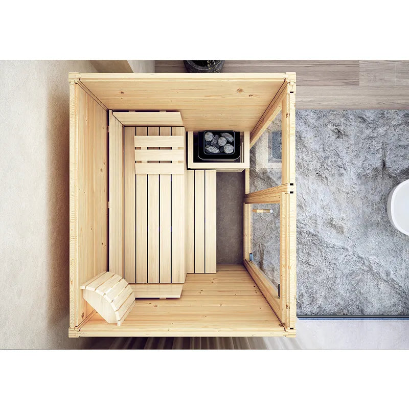 FinA Wellness Frieda Mini Sauna Innenansicht von oben mit Holzbank, Ofen und Zubehör
